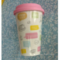 Customized bone china travel mug silicone lid and sleeve in different colour